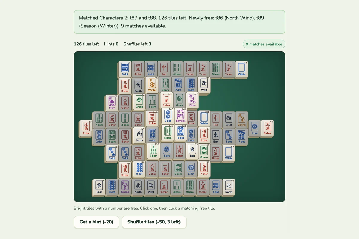 Screenshot of Mahjong Solitaire being played