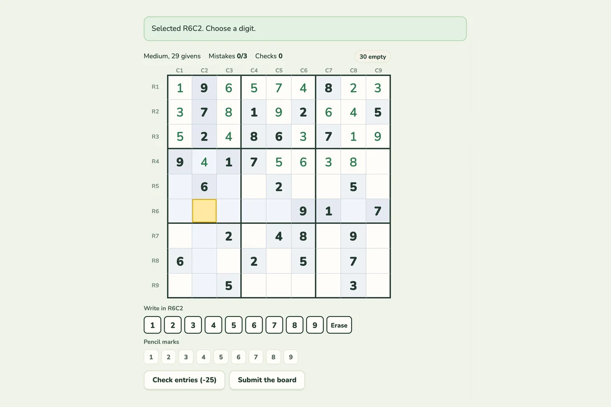 Screenshot of Sudoku being played