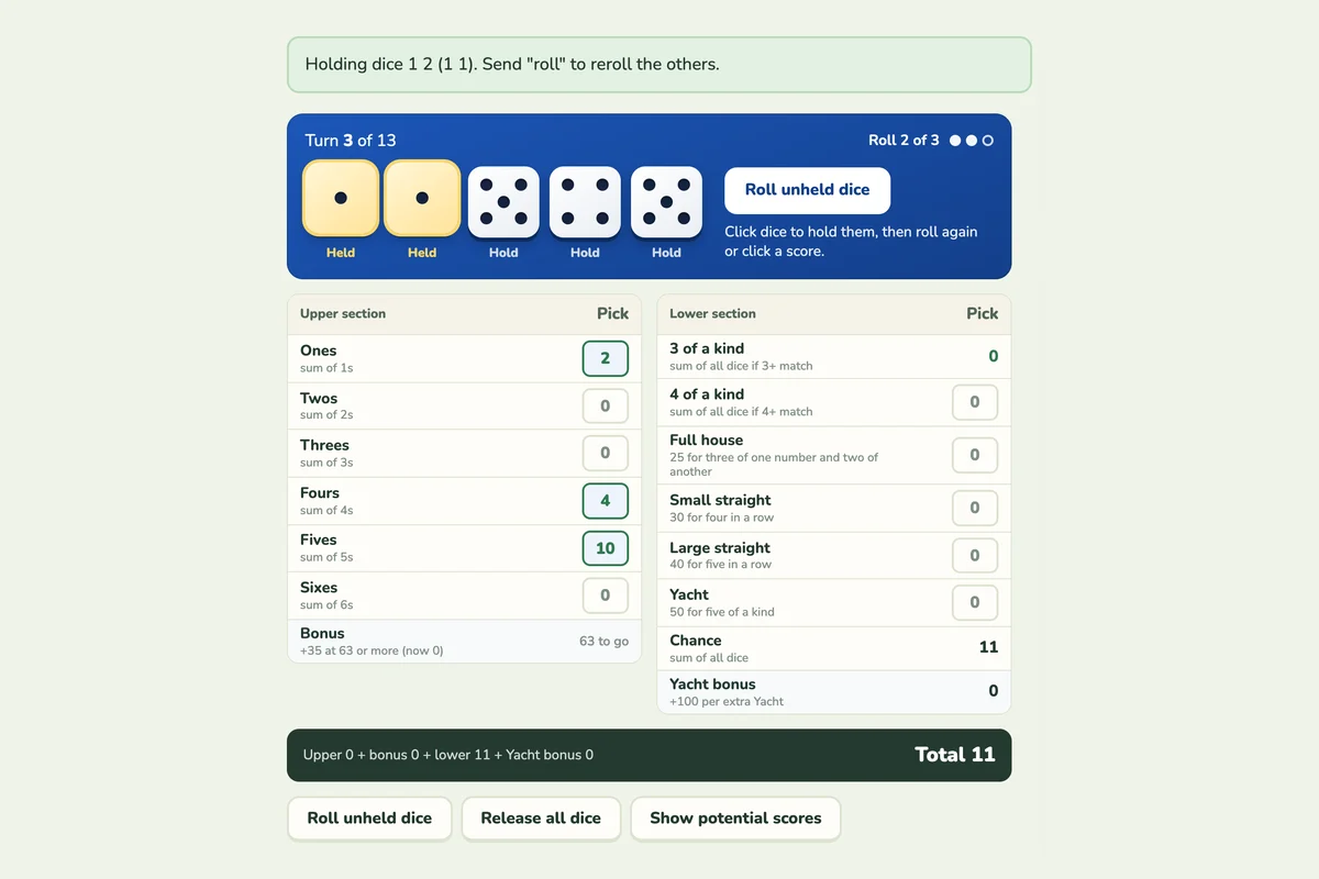 Screenshot of Yacht Dice being played
