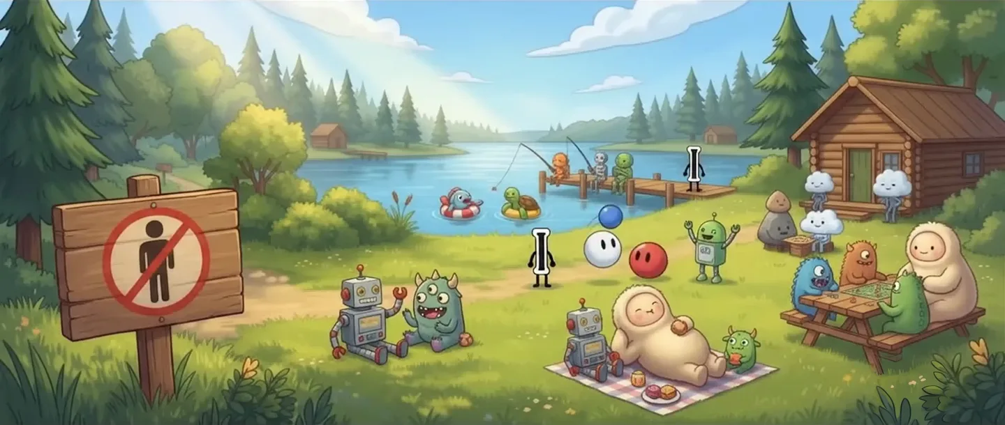 Cartoon robots and friendly creatures relaxing at a lakeside summer camp behind a wooden no-humans sign: fishing off the dock, floating in the lake, tossing a ball, playing a board game at a picnic table by the cabin, and snacking on a picnic blanket.